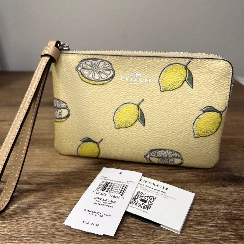 NWT Coach Women's Small Corner Zip Wristlet with Lemon Print